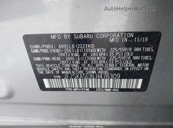 JF2SKASC8LH476309 2020 SUBARU FORESTER Silver ძრავის განყოფილების ხედი