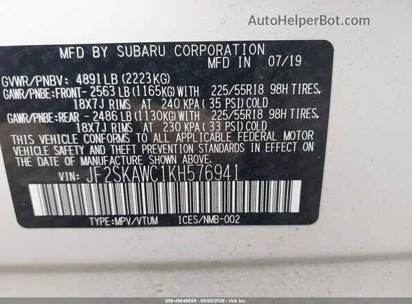 JF2SKAWC1KH576941 2019 SUBARU FORESTER White 