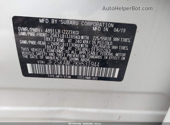 JF2SKAWC2KH531944 2019 SUBARU FORESTER White 