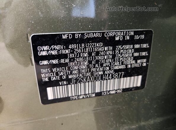 JF2SKAXC0LH443877 2020 SUBARU FORESTER Green Widok naklejki z numerem VIN