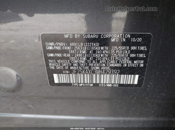 JF2SKAXC3MH429392 2021 SUBARU FORESTER Gray Вид підкапотного простору