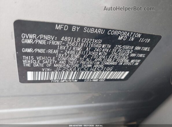 JF2SKAXC5LH452199 2020 SUBARU FORESTER Blue Vista del compartimento del motor