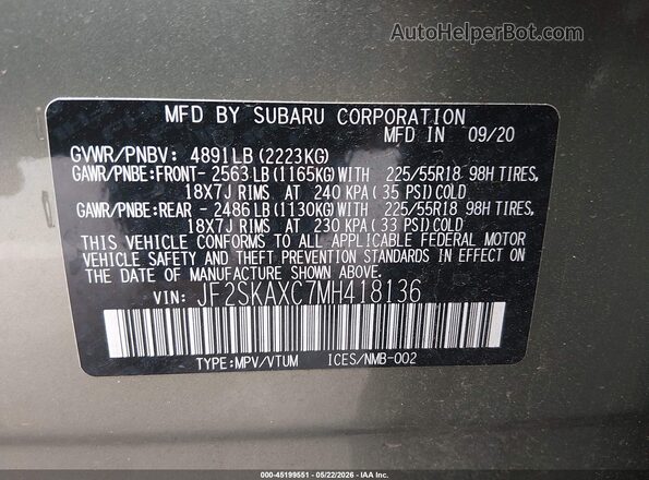 JF2SKAXC7MH418136 2021 SUBARU FORESTER Green 