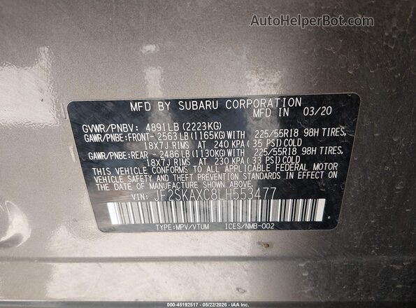 JF2SKAXC8LH553477 2020 SUBARU FORESTER Gray Вид підкапотного простору