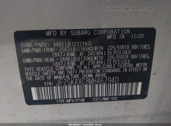 JF2SKAXC8MH462940 2021 SUBARU FORESTER White ძრავის განყოფილების ხედი