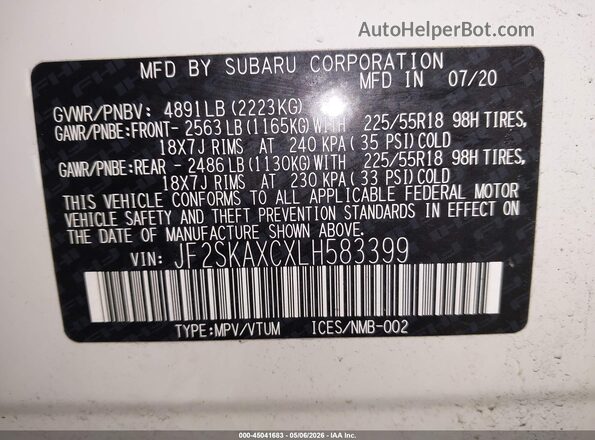 JF2SKAXCXLH583399 2020 SUBARU FORESTER White Widok komory silnika