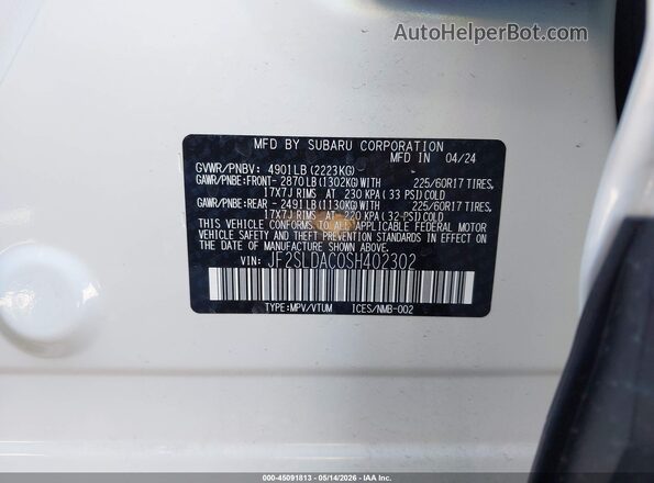 JF2SLDAC0SH402302 2025 SUBARU FORESTER White Вид підкапотного простору