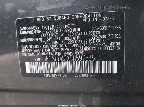 JF2SLDACXSH597535 2025 SUBARU FORESTER Gray 