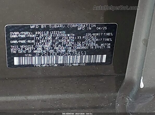 JF2SLDDC7SH578453 2025 SUBARU FORESTER Beige Vista del compartimento del motor