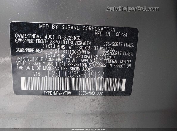JF2SLDDC8SH438122 2025 SUBARU FORESTER Gray 