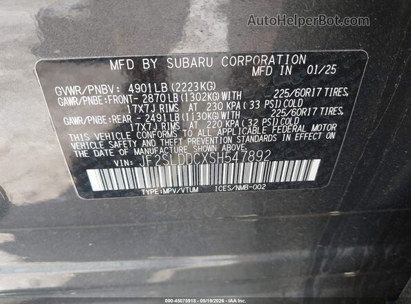 JF2SLDDCXSH547892 2025 SUBARU FORESTER Gray ძრავის განყოფილების ხედი