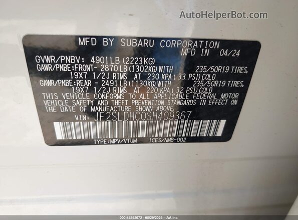 JF2SLDHC0SH409367 2025 SUBARU FORESTER White Engine compartment view