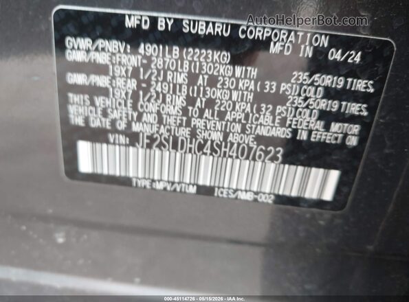 JF2SLDHC4SH407623 2025 SUBARU FORESTER Gray ძრავის განყოფილების ხედი