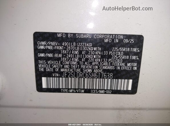 JF2SLDRC6SH617638 2025 SUBARU FORESTER Белый Вид подкапотного пространства