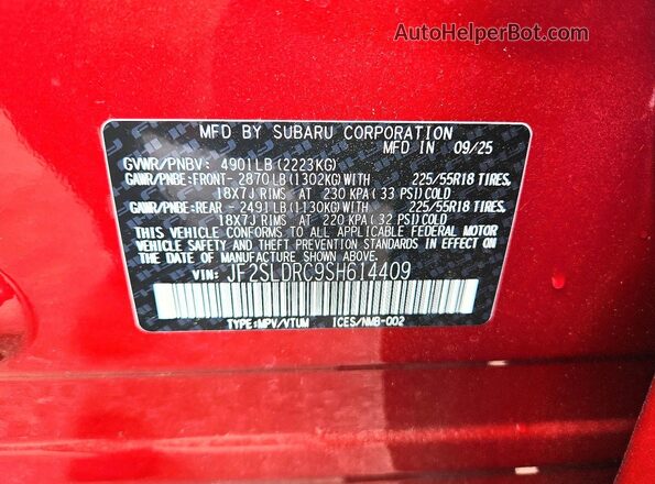 JF2SLDRC9SH614409 2025 SUBARU FORESTER Red Панорамний вид салону 360°