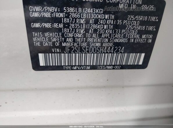 JF2SLSED0SH444234 2025 SUBARU FORESTER White Շարժիչի բաժամունքի տեսք