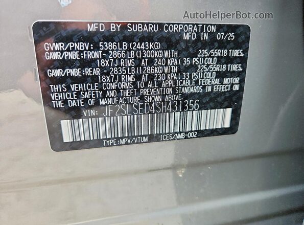 JF2SLSED4SH431356 2025 SUBARU FORESTER Gray Widok wnętrza 360 stopni