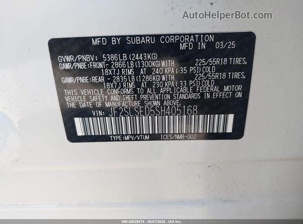 JF2SLSED5SH405168 2025 SUBARU FORESTER White Շարժիչի բաժամունքի տեսք