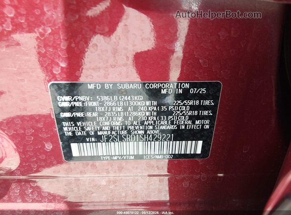 JF2SLSRD1SH429221 2025 SUBARU FORESTER Burgundy Շարժիչի բաժամունքի տեսք