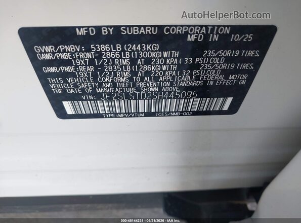 JF2SLSTD2SH445095 2025 SUBARU FORESTER White ძრავის განყოფილების ხედი