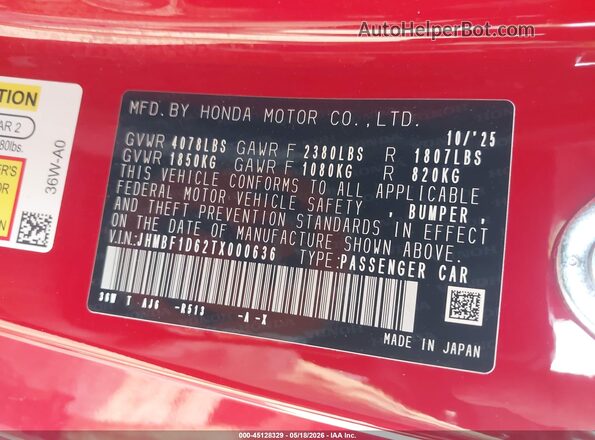 JHMBF1D62TX000636 2026 HONDA PRELUDE Red Շարժիչի բաժամունքի տեսք