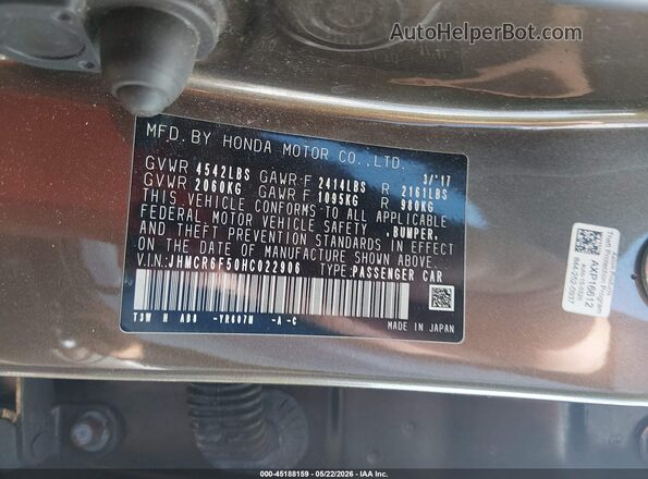 JHMCR6F50HC022906 2017 HONDA ACCORD Gray ძრავის განყოფილების ხედი