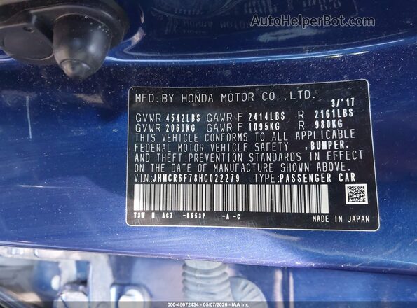 JHMCR6F78HC022279 2017 HONDA ACCORD HYBRID Blue 