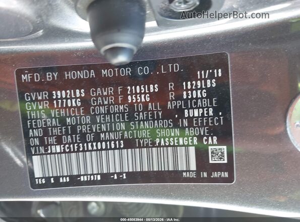 JHMFC1F31KX001613 2019 HONDA CIVIC Black Widok komory silnika