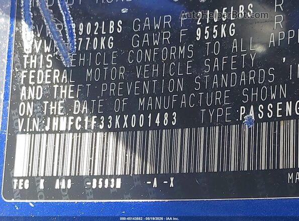JHMFC1F33KX001483 2019 HONDA CIVIC Blue 