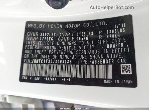 JHMFC1F35JX008188 2018 HONDA CIVIC White Engine compartment view