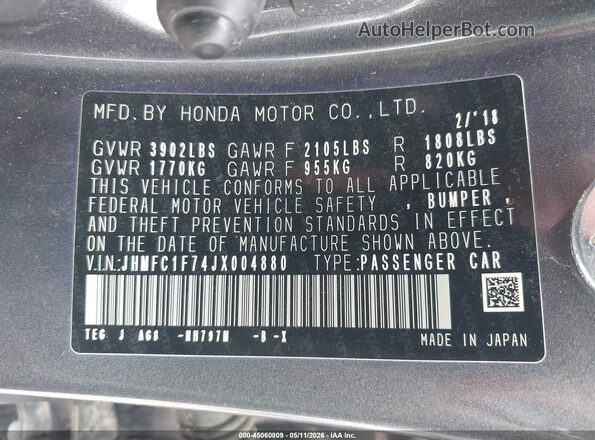 JHMFC1F74JX004880 2018 HONDA CIVIC Gray Widok komory silnika