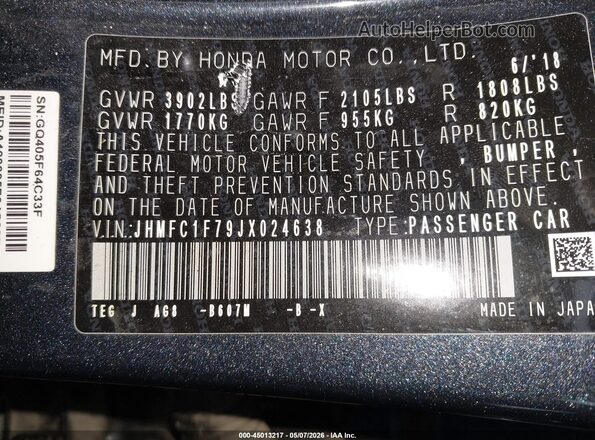 JHMFC1F79JX024638 2018 HONDA CIVIC Gray 