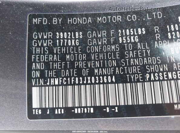 JHMFC1F83JX033604 2018 HONDA CIVIC Gray Vista del compartimento del motor