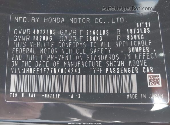 JHMFE1F77NX004243 2022 HONDA CIVIC Black Շարժիչի բաժամունքի տեսք