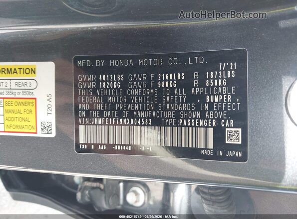 JHMFE1F79NX004583 2022 HONDA CIVIC Gray 