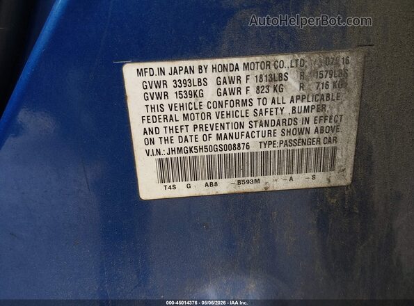 JHMGK5H50GS008876 2016 HONDA FIT Blue 
