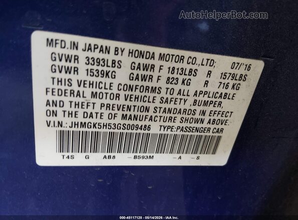 JHMGK5H53GS009486 2016 HONDA FIT Blue Engine compartment view