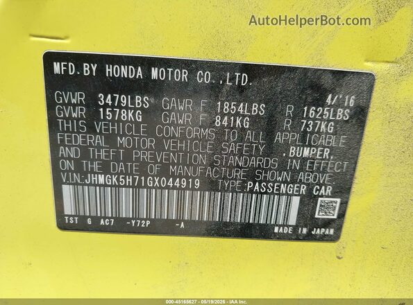 JHMGK5H71GX044919 2016 HONDA FIT Yellow ძრავის განყოფილების ხედი