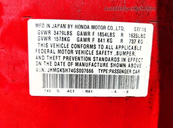 JHMGK5H74GS007666 2016 HONDA FIT Red Вид наклейки з VIN-кодом