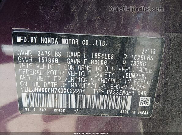 JHMGK5H7XGX032204 2016 HONDA FIT Purple ძრავის განყოფილების ხედი