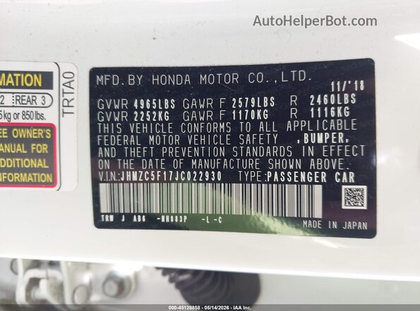 JHMZC5F17JC022930 2018 HONDA CLARITY White Вид підкапотного простору