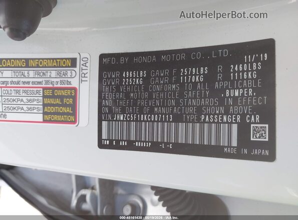 JHMZC5F18KC007113 2019 HONDA CLARITY PLUG-IN HYBRID White 