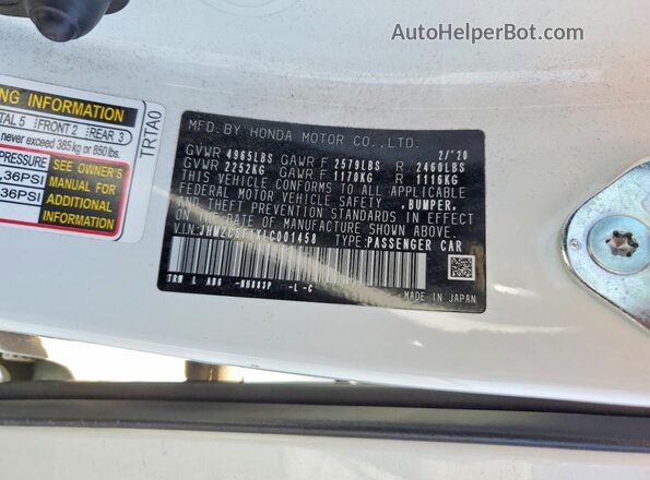 JHMZC5F1XLC001458 2020 HONDA CLARITY White VIN կոդի պիտակի տեսք