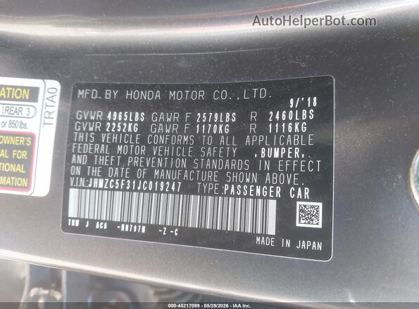 JHMZC5F31JC019247 2018 HONDA CLARITY Gray Շարժիչի բաժամունքի տեսք