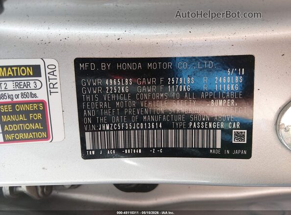 JHMZC5F35JC013614 2018 HONDA CLARITY PLUG-IN HYBRID Silver 