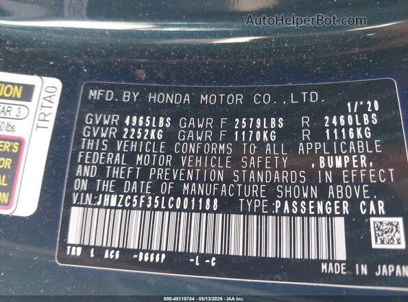 JHMZC5F35LC001188 2020 HONDA CLARITY Зеленый Вид подкапотного пространства