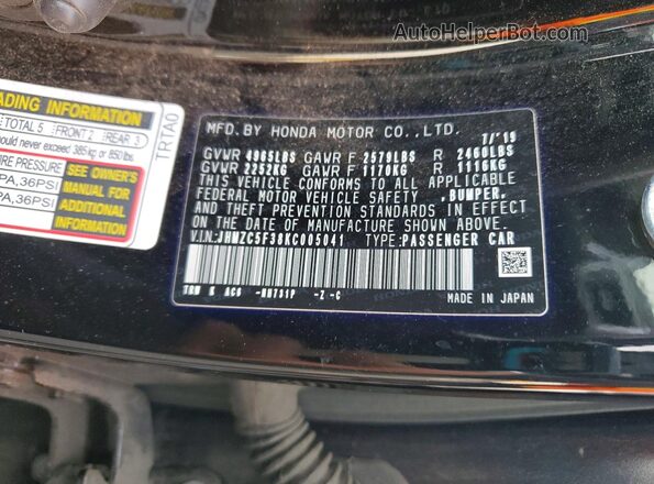 JHMZC5F38KC005041 2019 HONDA CLARITY Black Engine compartment view