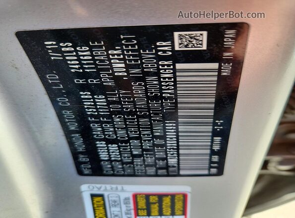 JHMZC5F3XKC004991 2019 HONDA CLARITY Gray Vista de la etiqueta del VIN