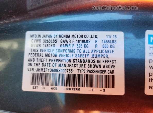 JHMZF1D60GS000765 2016 HONDA CR-Z Blue Շարժիչի բաժամունքի տեսք