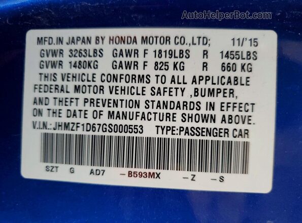 JHMZF1D67GS000553 2016 HONDA CR-Z Blue 